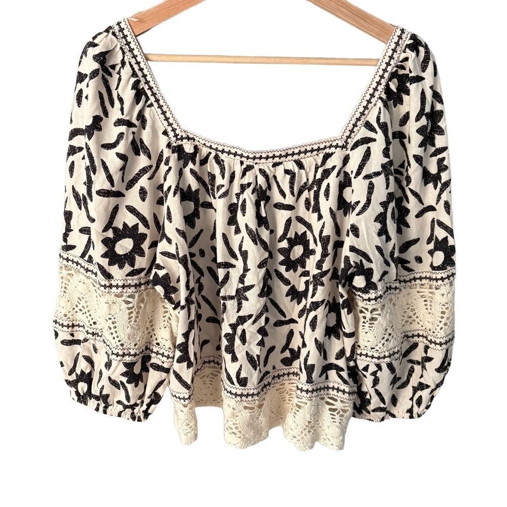 CHRISTIAN SIRIANO Linen Blend Blouse Size S Cream Floral Lace Puff Bohemian - Picture 2 of 5